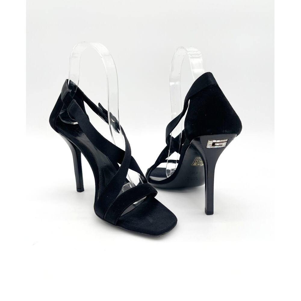 Gucci Vintage Black Satin Suede Crystal G Asymmetric Strappy Sandals US 6.5